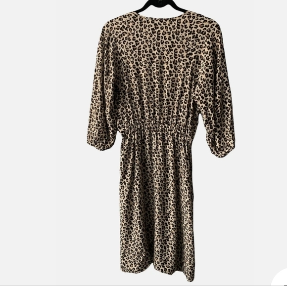 Banana Republic Dress Cheetah Leopard Print brown Rayon 3/4 Balloon Sleeve sz L - Picture 2 of 10